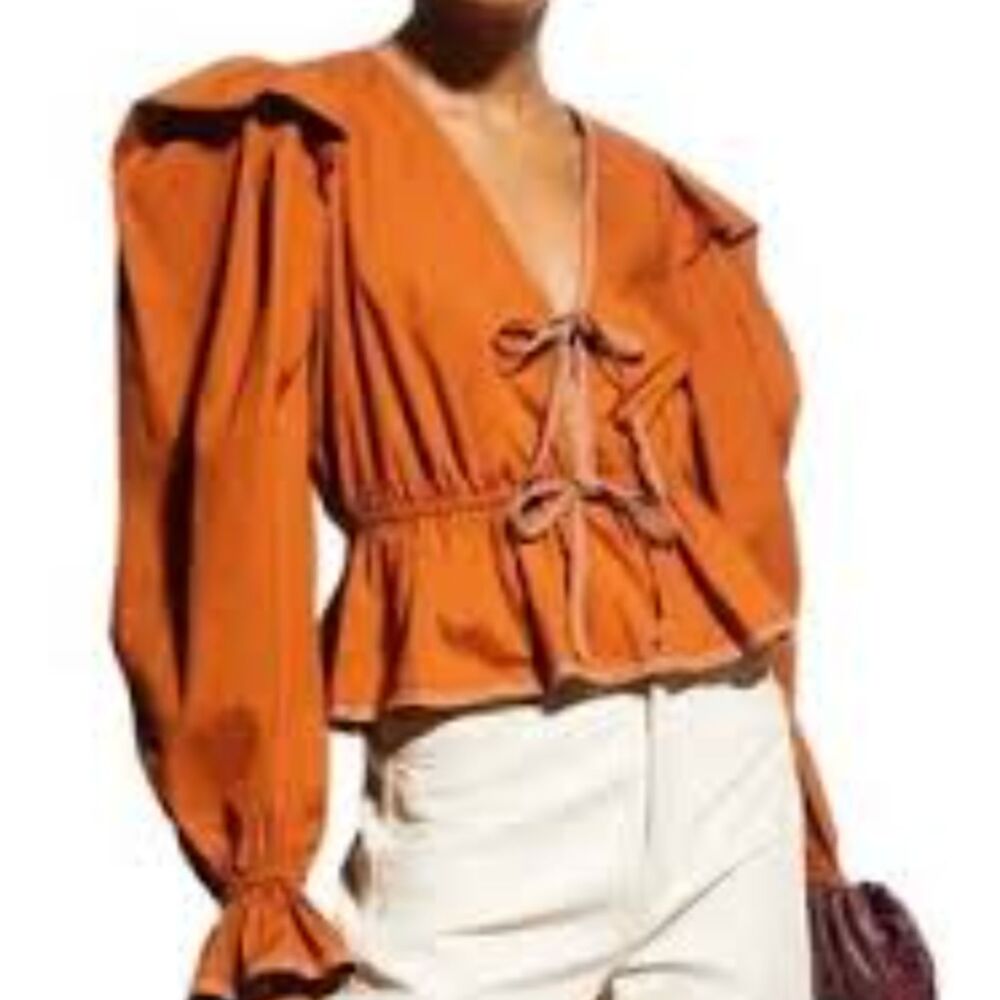 Ulla Johnson Sabina Blouse Sumac Rust Cotton Puff Sleeve Peplum Top Size 0 XS